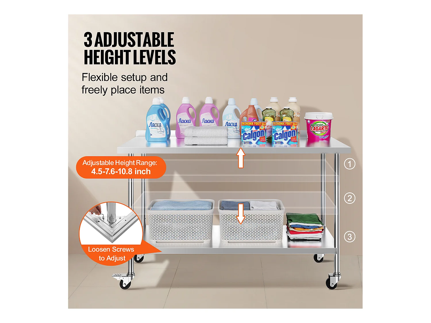Arbeitstisch SucceBuy 61 x 152 x 102 cm Großer Arbeitstisch aus Edelstahl, Gewerblicher Tisch zur Lebensmittelzubereitung mit Rädern, Höhenverstellbar