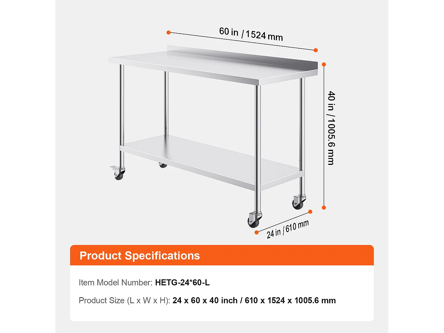 Table de Travail SucceBuy Table de Travail Commerciale en Acier Inoxydable 60.96 x 152.4 cm avec Roulettes
