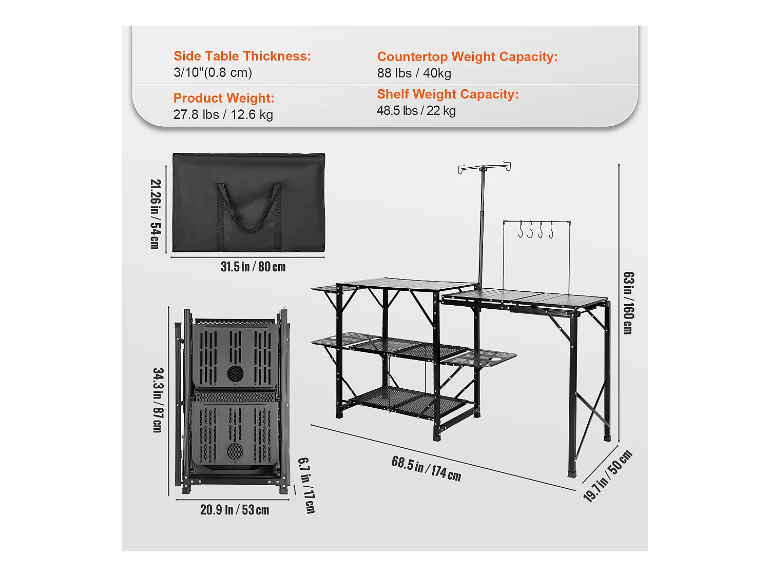 Table de Cuisine de Camping Pliante avec Station de Cuisson, Étagères et Évier