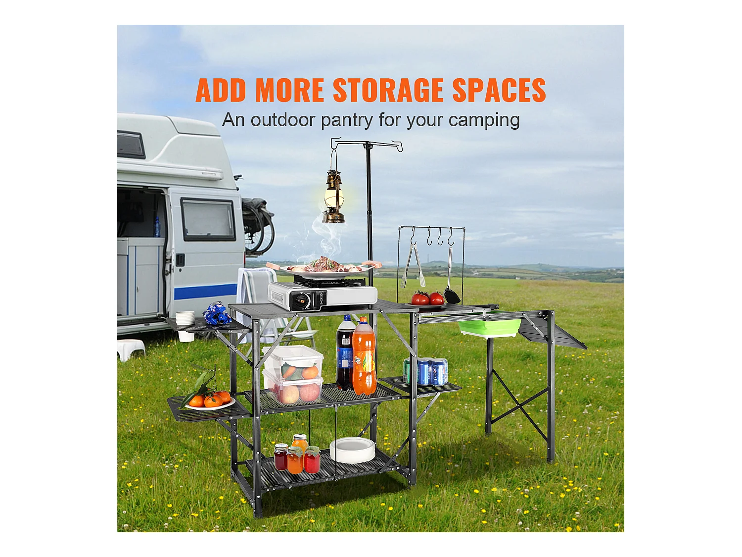 Table de Cuisine de Camping Pliante avec Station de Cuisson, Étagères et Évier