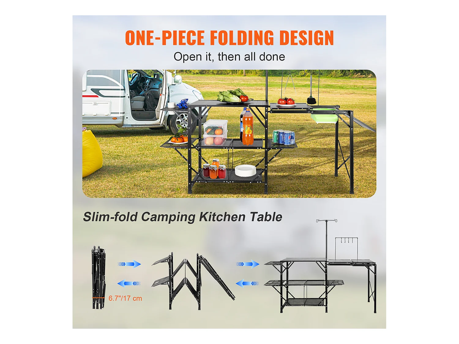 Table de Cuisine de Camping Pliante avec Station de Cuisson, Étagères et Évier