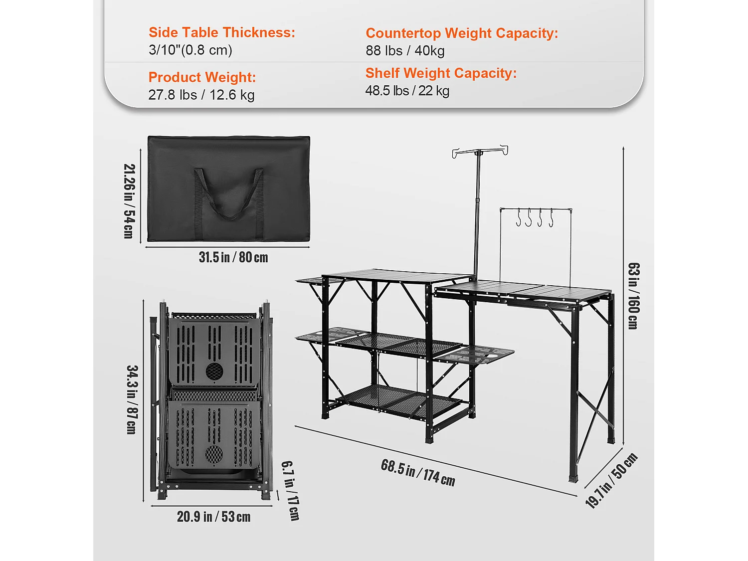 Table de Cuisine de Camping Pliante avec Station de Cuisson, Étagères et Évier