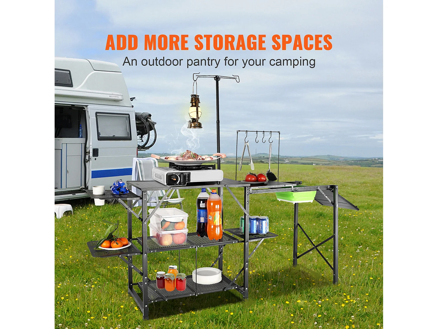 Table de Cuisine de Camping Pliante avec Station de Cuisson, Étagères et Évier