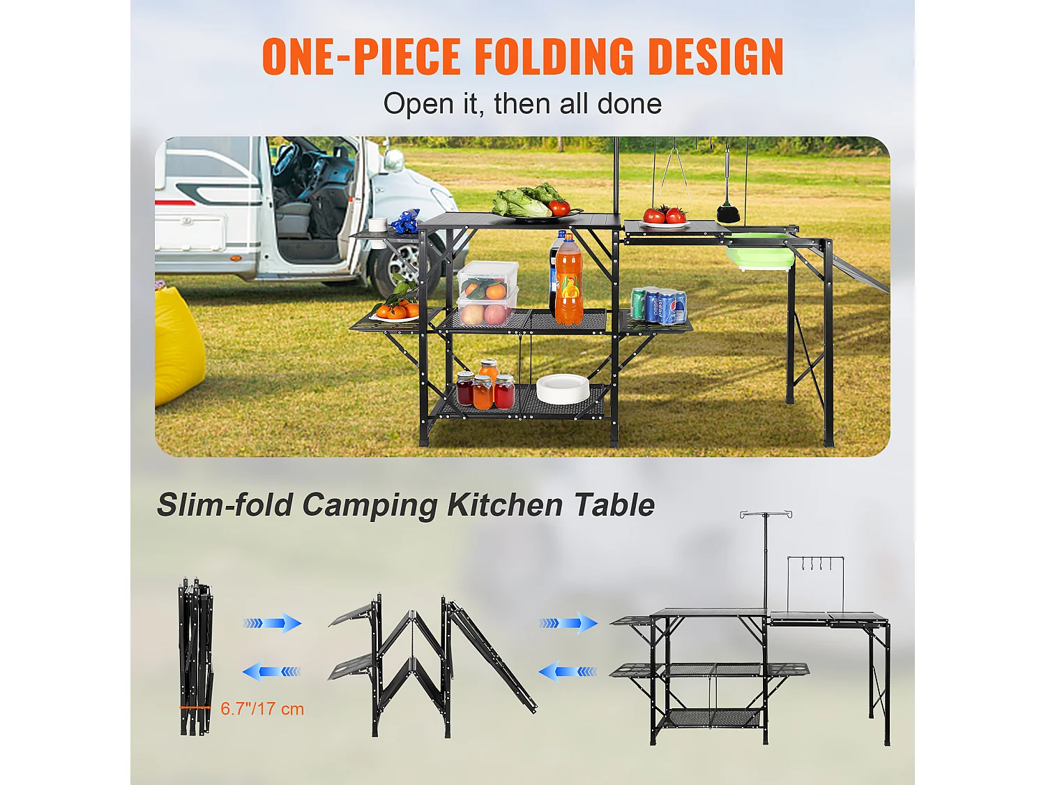 Table de Cuisine de Camping Pliante avec Station de Cuisson, Étagères et Évier