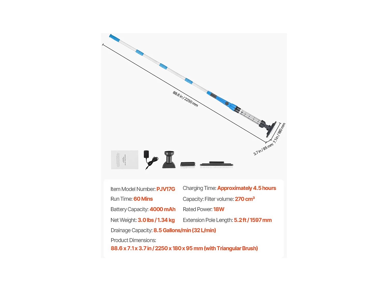 Aspirateur de Piscine, SucceBuy Aspirateur de Piscine Rechargeable 32 L/min avec Autonomie d'une Heure et Rallonge