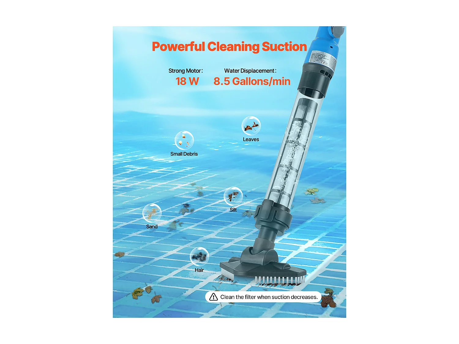 Aspirateur de Piscine, SucceBuy Aspirateur de Piscine Rechargeable 32 L/min avec Autonomie d'une Heure et Rallonge