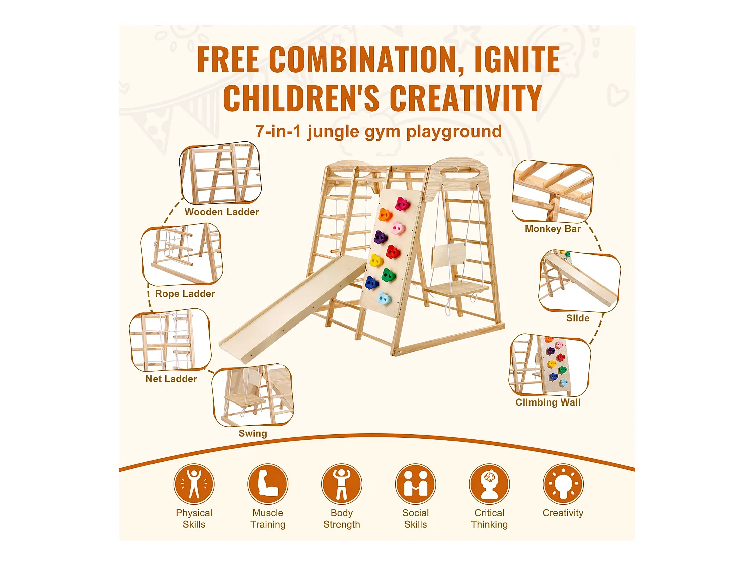 Triangle d'Escalade, SucceBuy Jungle Gym d'Intérieur 7 en 1, Aire de Jeux pour Tout-Petits, Jouets d'Escalade en Bois