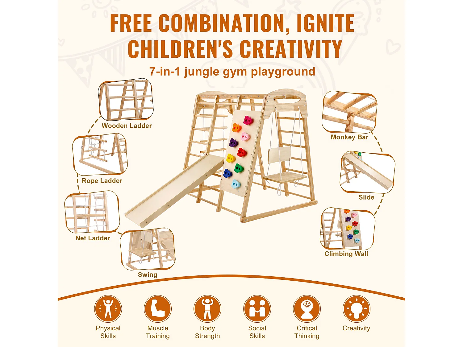 Triangle d'Escalade, SucceBuy Jungle Gym d'Intérieur 7 en 1, Aire de Jeux pour Tout-Petits, Jouets d'Escalade en Bois