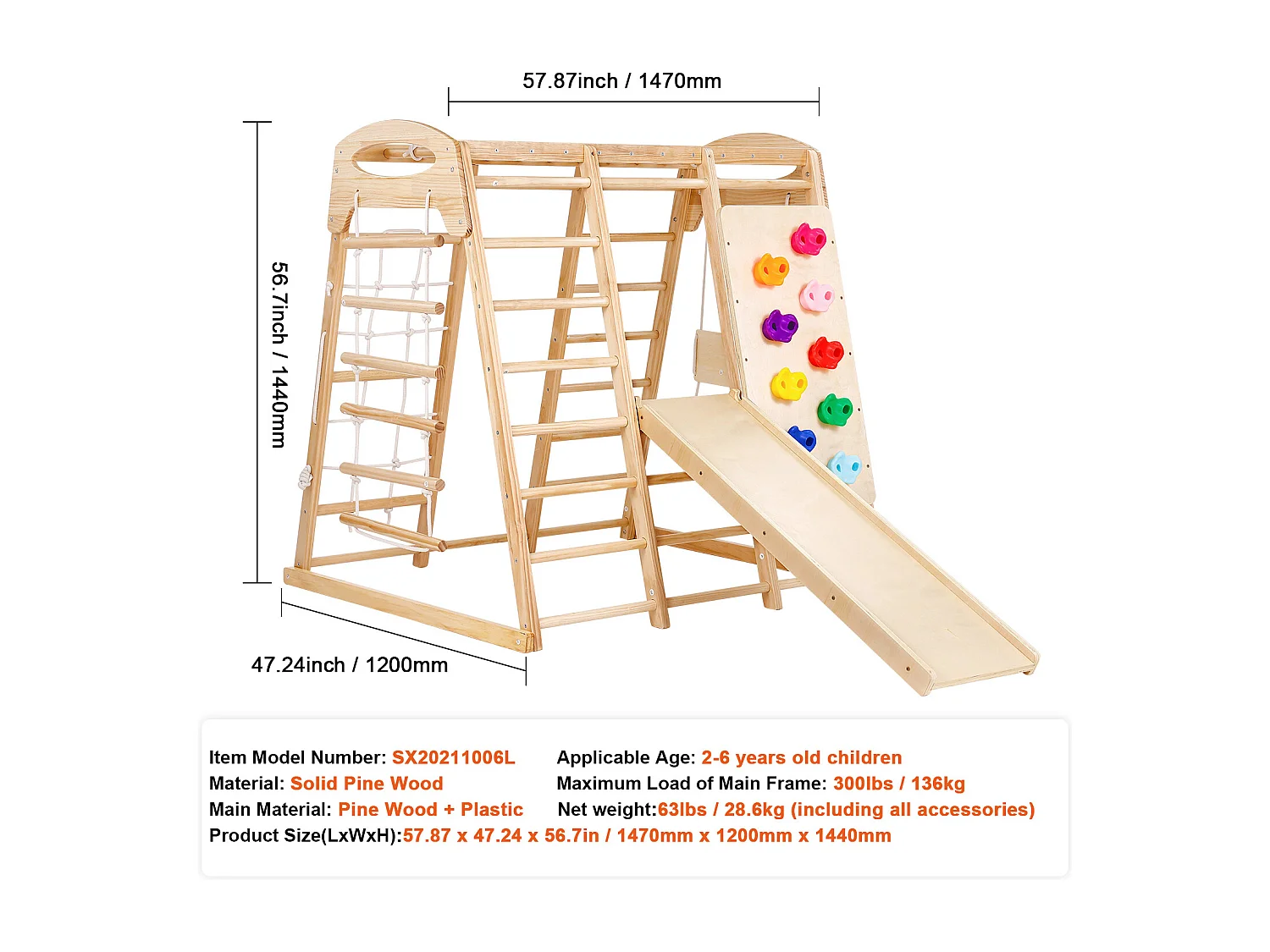 Triangolo da Arrampicata, SucceBuy 7 in 1 Palestra da Giungla da Interno, Parco Giochi per Bambini, Giocattoli da Arrampicata in Legno