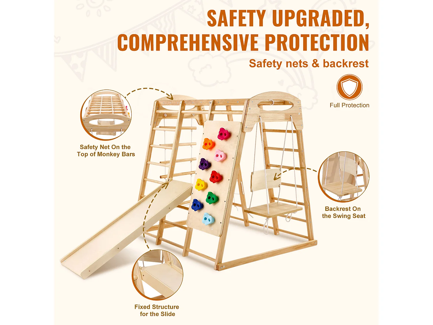 Triangolo da Arrampicata, SucceBuy 7 in 1 Palestra da Giungla da Interno, Parco Giochi per Bambini, Giocattoli da Arrampicata in Legno
