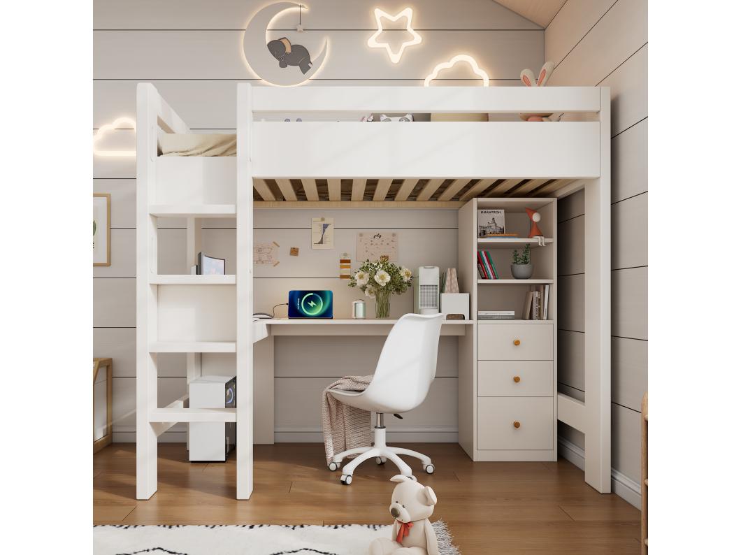Huisbed op een hoogslaper 90x200 cm - met USB en Type-C - met L-vormig bureau, planken en laden - met veiligheidshekken - wit (zonder matras)