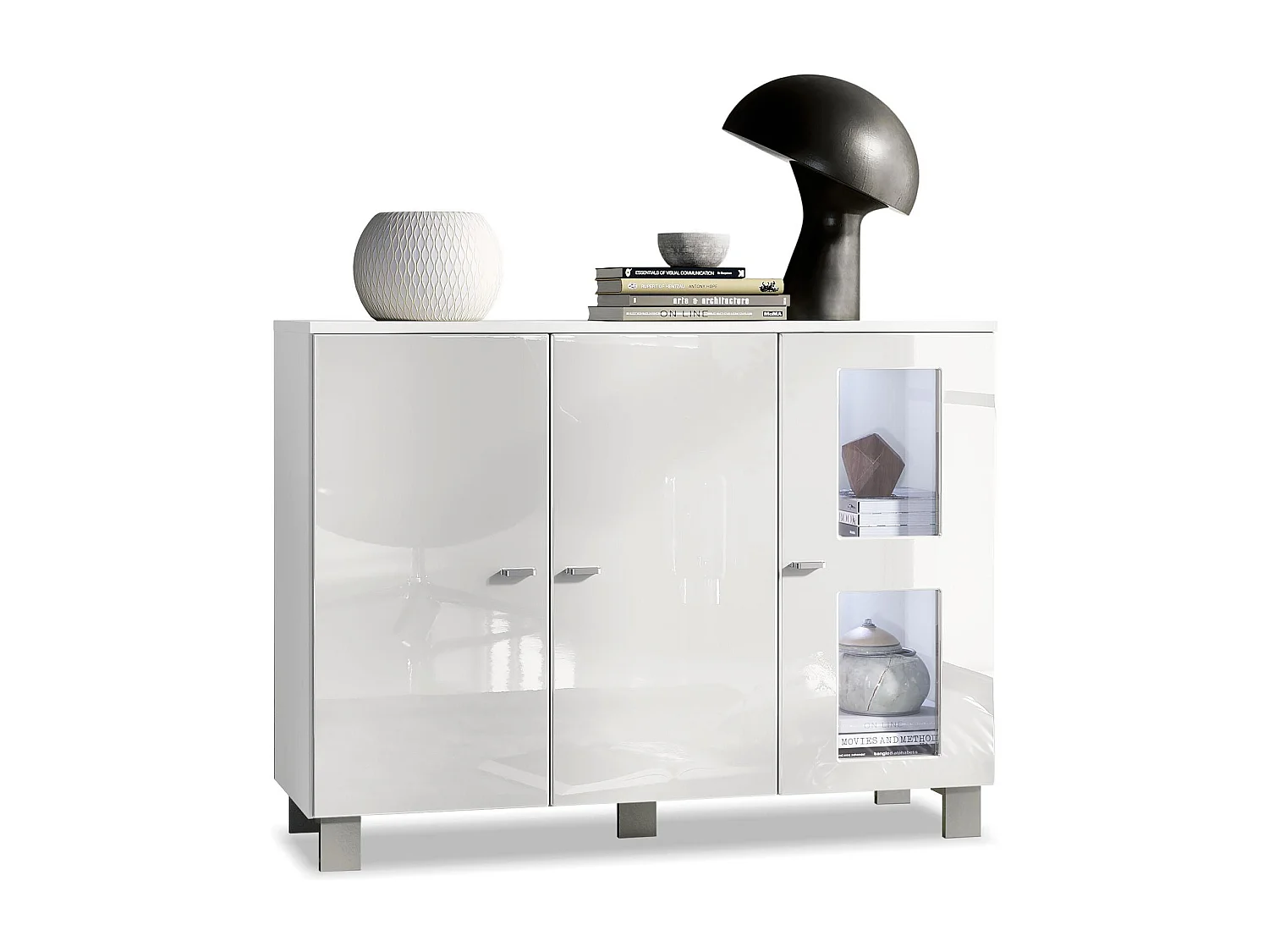 Buffet Denjo, Commode avec 3 portes, Blanc mat/Blanc haute brillance, éclairage LED inclus (107 x 81 x 35 cm)