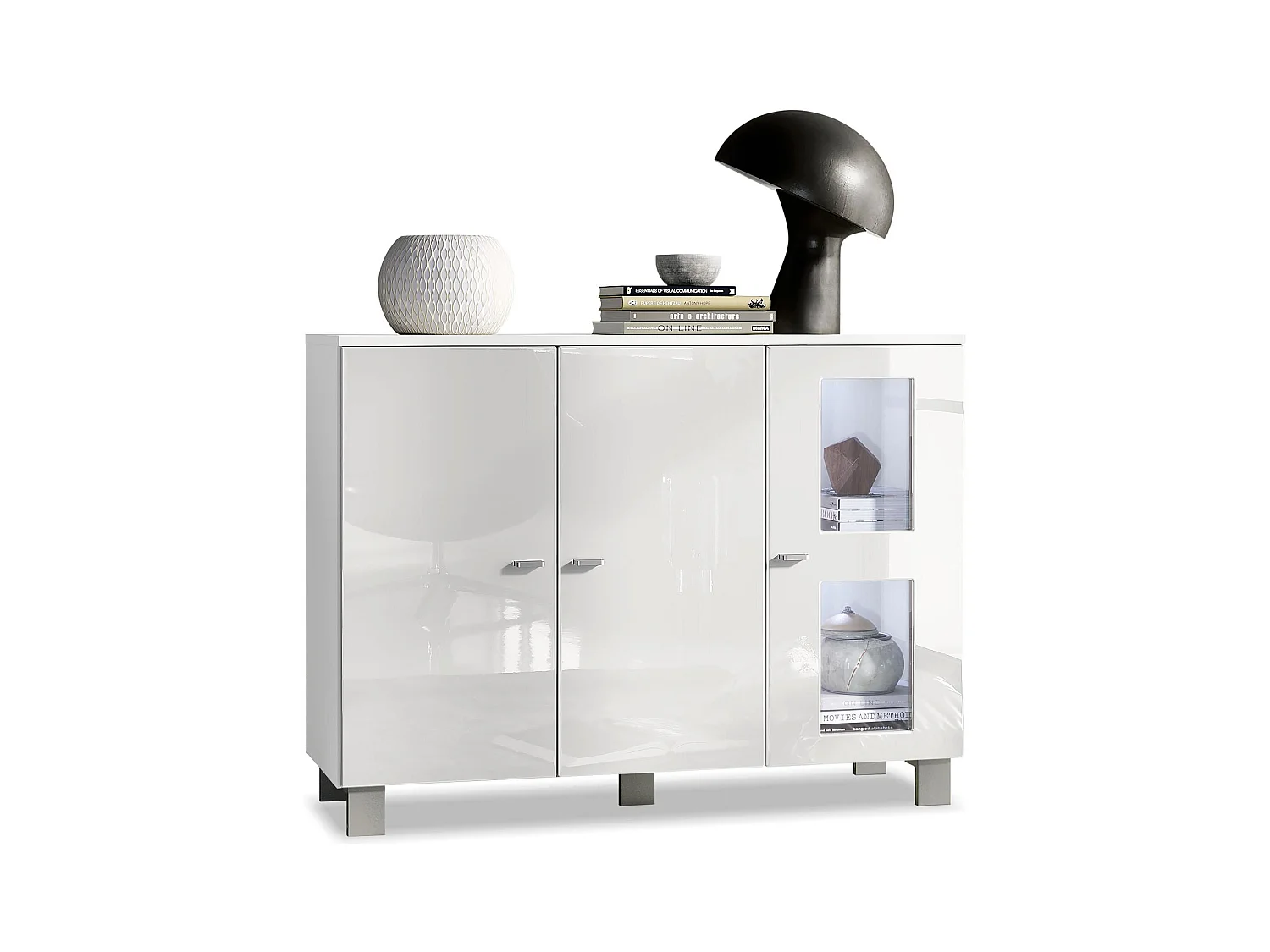 Buffet Denjo, Commode avec 3 portes, Blanc mat/Blanc haute brillance, éclairage LED inclus (107 x 81 x 35 cm)