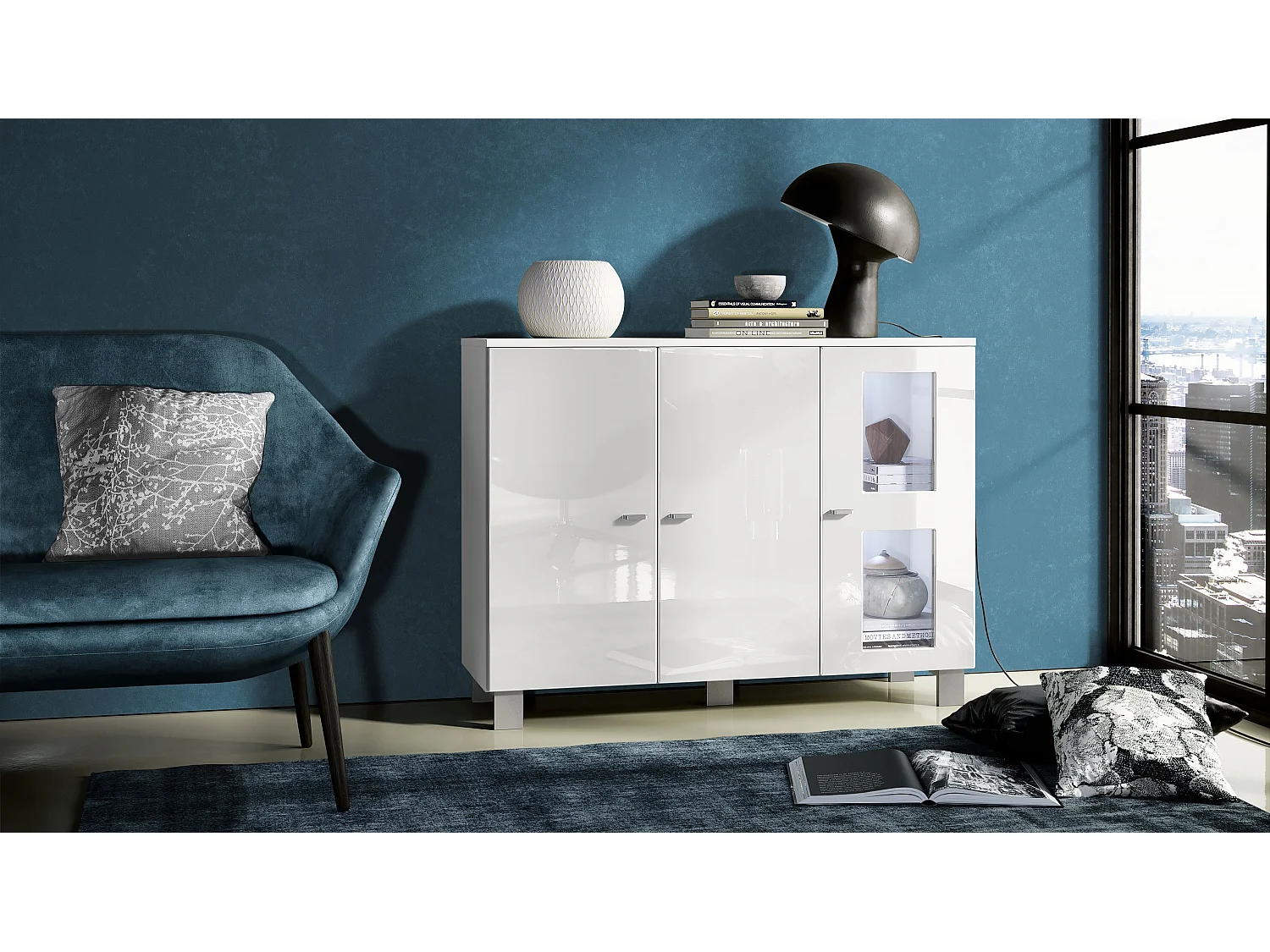 Buffet Denjo, Commode avec 3 portes, Blanc mat/Blanc haute brillance, éclairage LED inclus (107 x 81 x 35 cm)