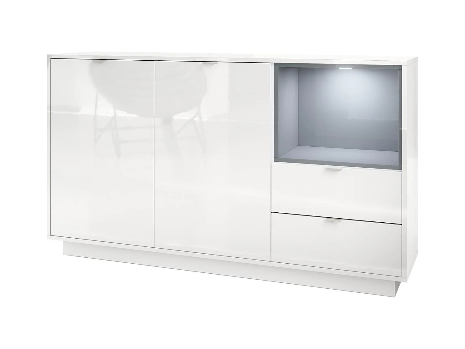 Buffet Armoire Metro, Corps en Blanc haute brillance / Façades en Blanc haute brillance avec une insertion en Gris haute brillance, incl. L'éclairage LED