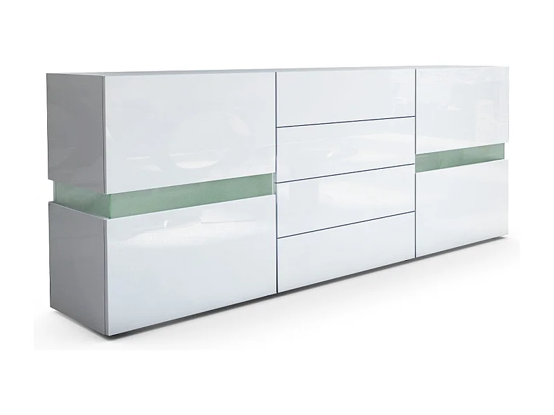 Aparador Vladon Flow, blanco de alto brillo/blanco de alto brillo - Cómoda moderna con acristalamiento Ambient Light para su salón (177 x 75 x 39 cm)