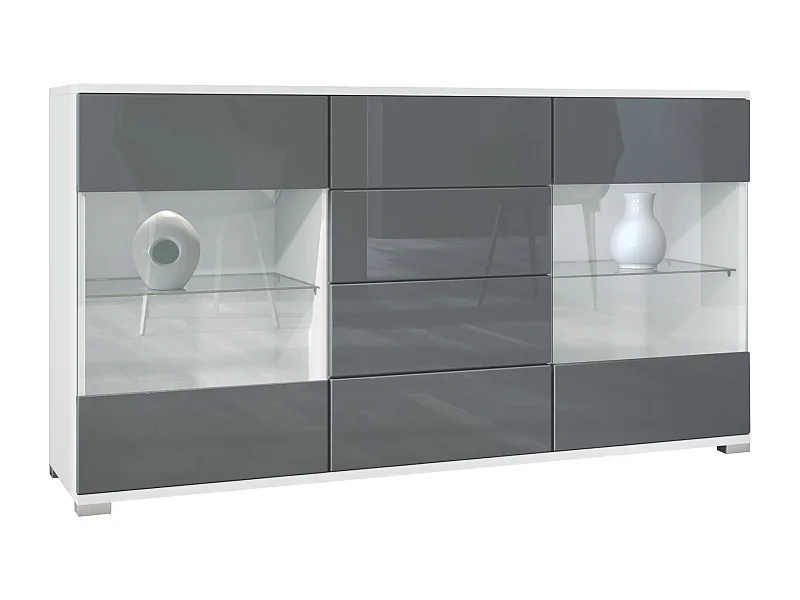 Buffet Bari V1 – Meuble avec 2 Grandes Portes et 4 Tiroirs, blanc mat/gris haute brillance (138,5 x 75,5 x 35)