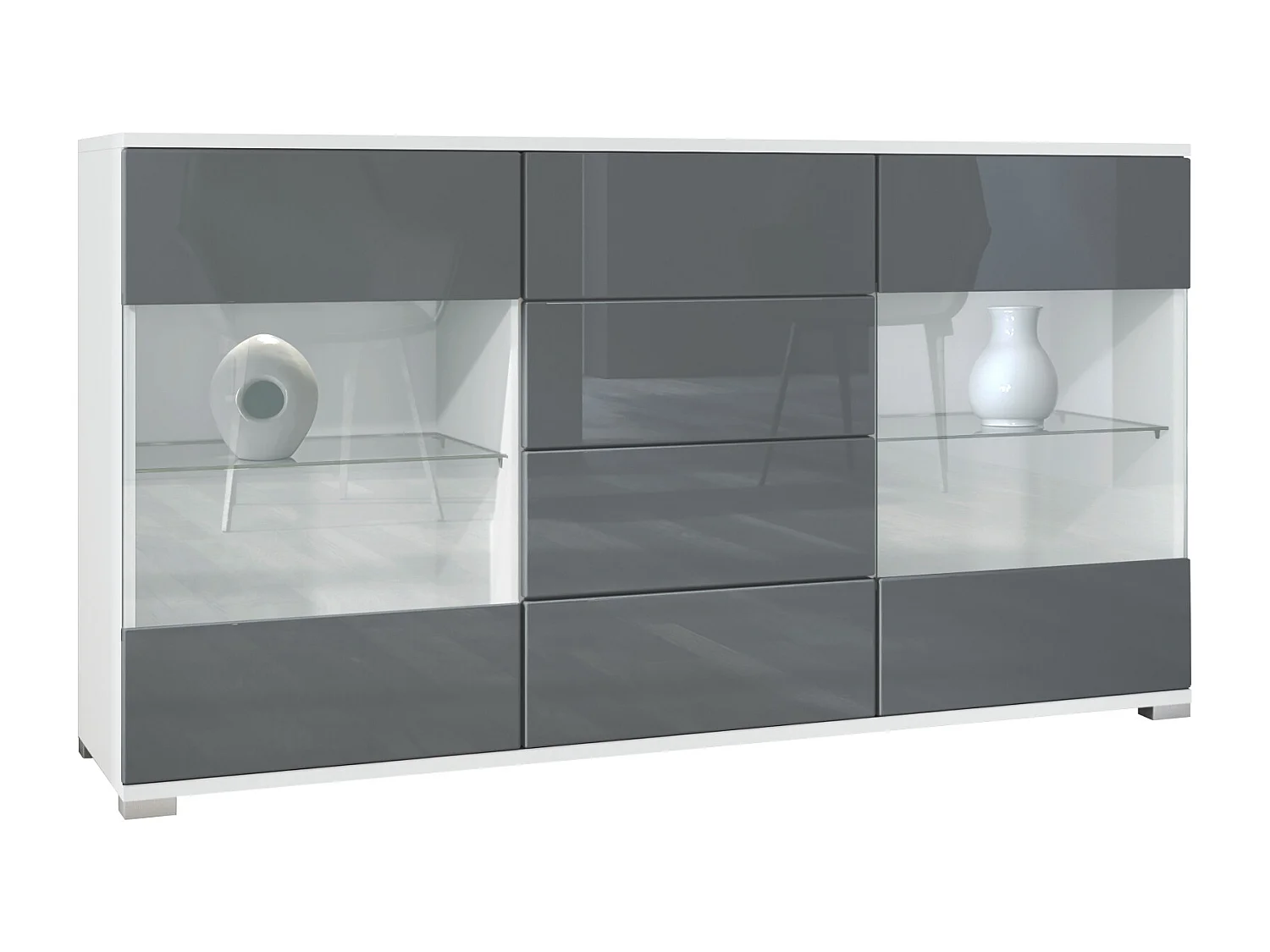 Buffet Bari V1 – Meuble avec 2 Grandes Portes et 4 Tiroirs, blanc mat/gris haute brillance (138,5 x 75,5 x 35)