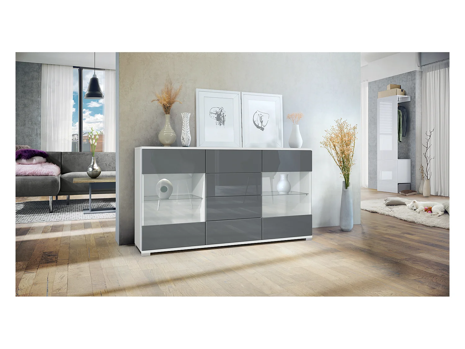 Buffet Bari V1 – Meuble avec 2 Grandes Portes et 4 Tiroirs, blanc mat/gris haute brillance (138,5 x 75,5 x 35)