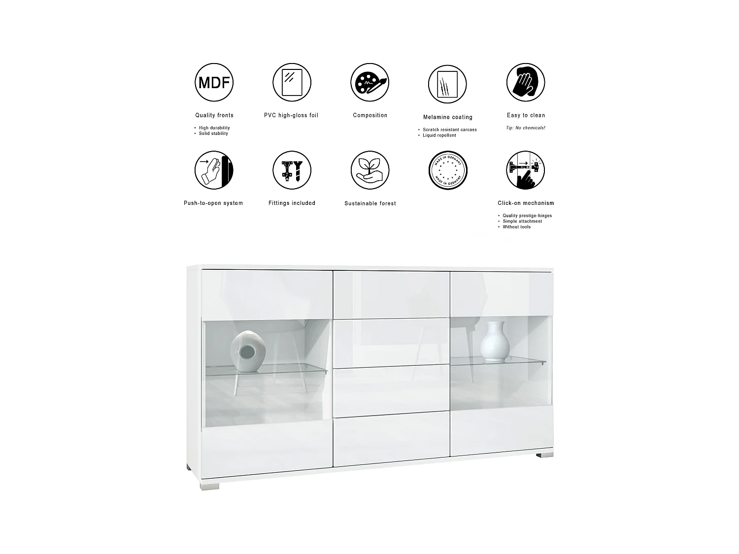 Buffet Bari V1 – Meuble avec 2 Grandes Portes et 4 Tiroirs, blanc mat/gris haute brillance (138,5 x 75,5 x 35)