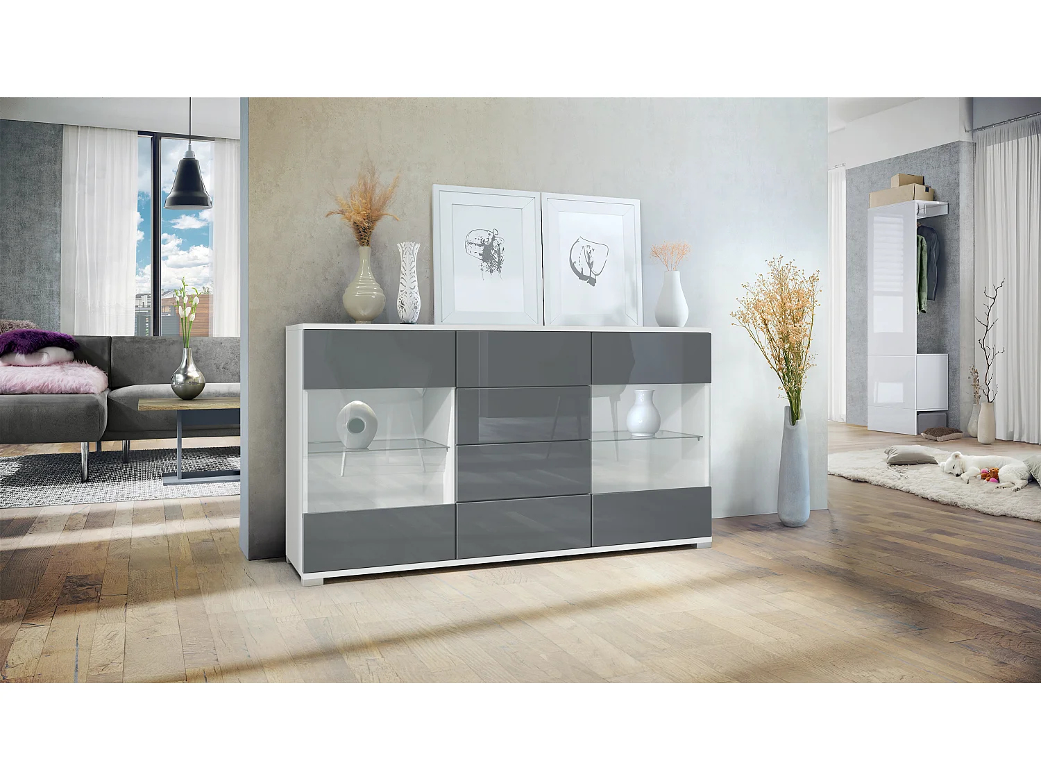 Buffet Bari V1 – Meuble avec 2 Grandes Portes et 4 Tiroirs, blanc mat/gris haute brillance (138,5 x 75,5 x 35)