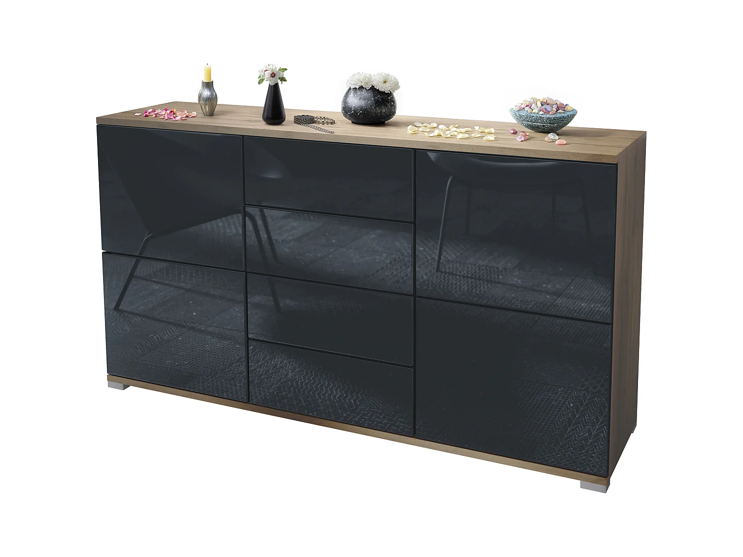 Aparador Rova V1 – Mueble con 4 Puertas y 4 Cajones, Roble Evoke/negro de alto brillo (138,5 x 75,5 x 35)