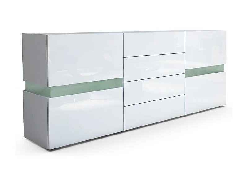 Sideboard Flow, blanc mat/blanc haute brillance - Commode moderne avec vitrage Ambient Light pour votre espace de vie (177 x 75 x 39 cm)