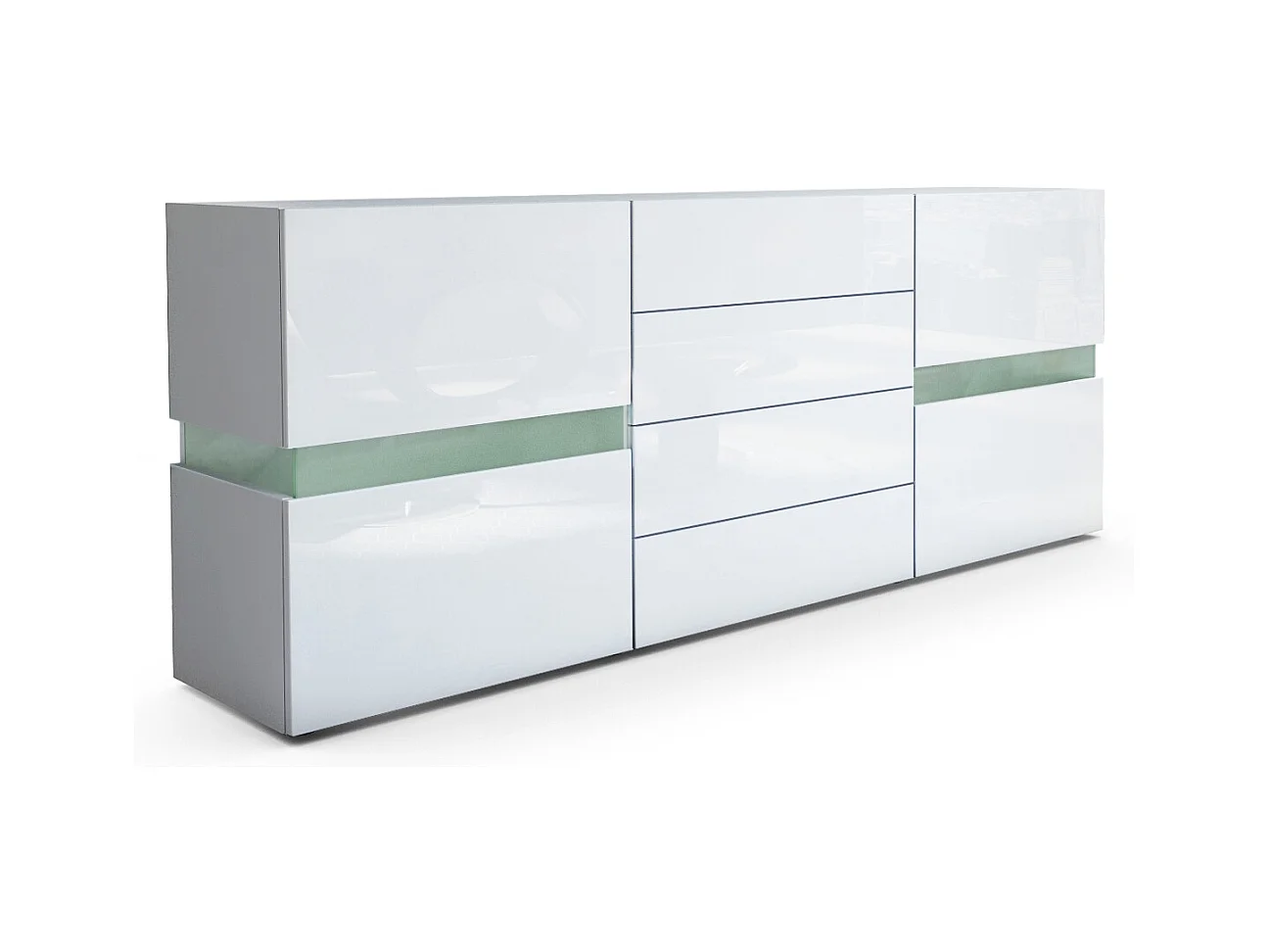 Sideboard Flow, blanc mat/blanc haute brillance - Commode moderne avec vitrage Ambient Light pour votre espace de vie (177 x 75 x 39 cm)