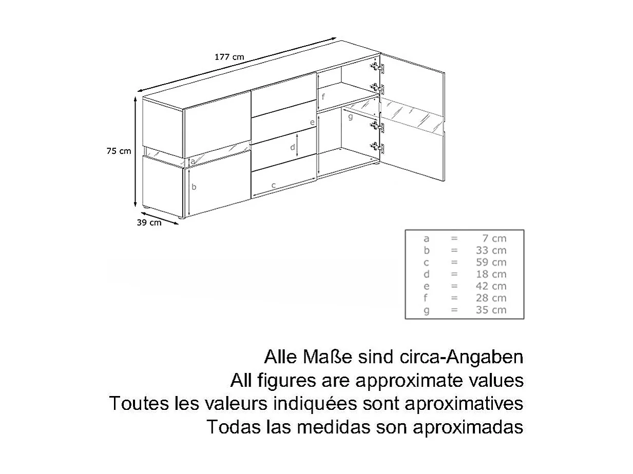 Aparador Vladon Flow, blanco mate/blanco de alto brillo - Cómoda moderna con acristalamiento Ambient Light para su salón (177 x 75 x 39 cm)