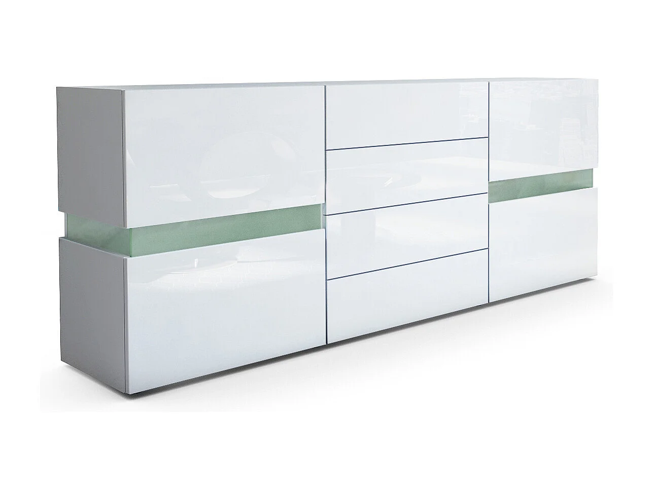 Sideboard Flow, blanc mat/blanc haute brillance - Commode moderne avec vitrage Ambient Light pour votre espace de vie (177 x 75 x 39 cm)
