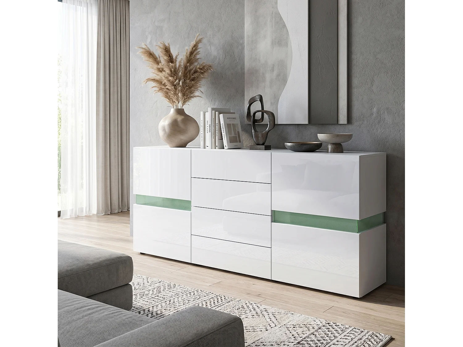 Sideboard Flow, blanc mat/blanc haute brillance - Commode moderne avec vitrage Ambient Light pour votre espace de vie (177 x 75 x 39 cm)