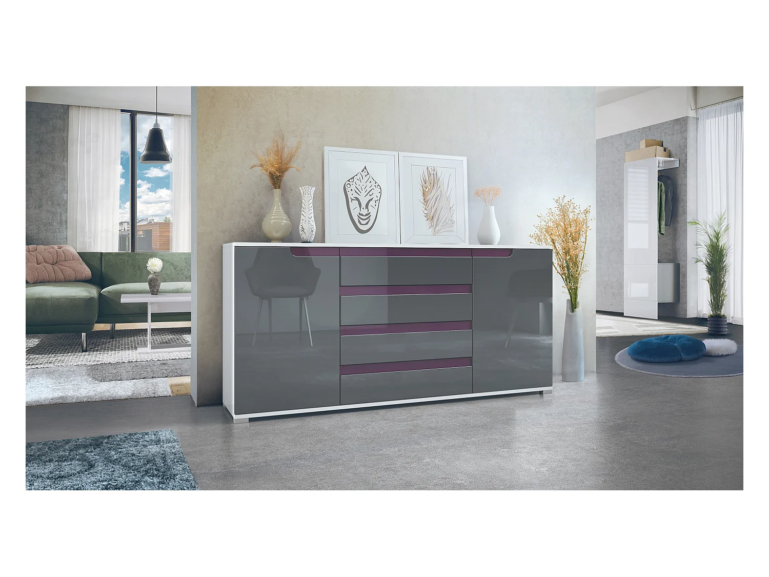 SIDEBOARD Sylt Grau Hochglanz / Brombeer Hochglanz