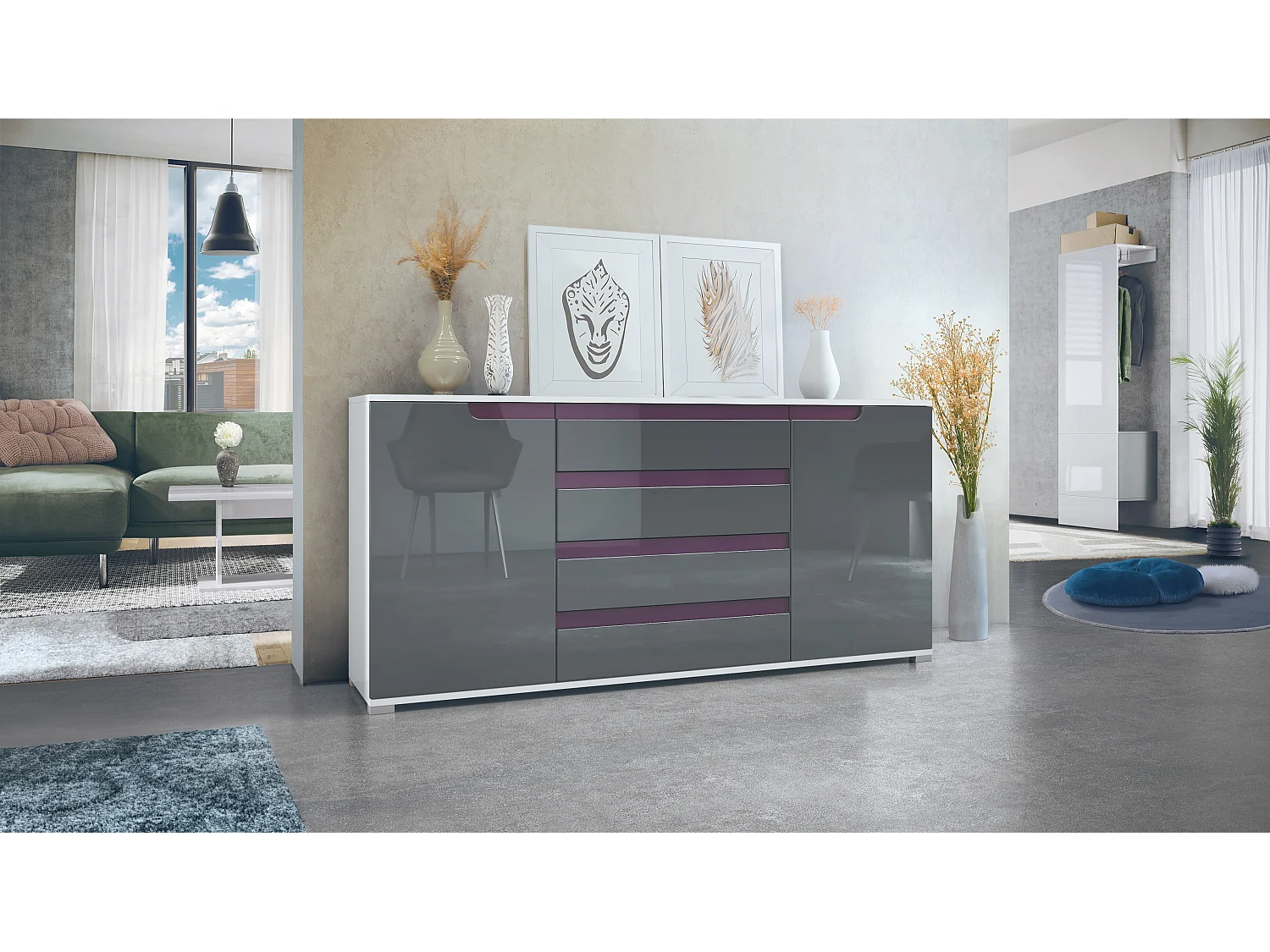 SIDEBOARD Sylt Grau Hochglanz / Brombeer Hochglanz