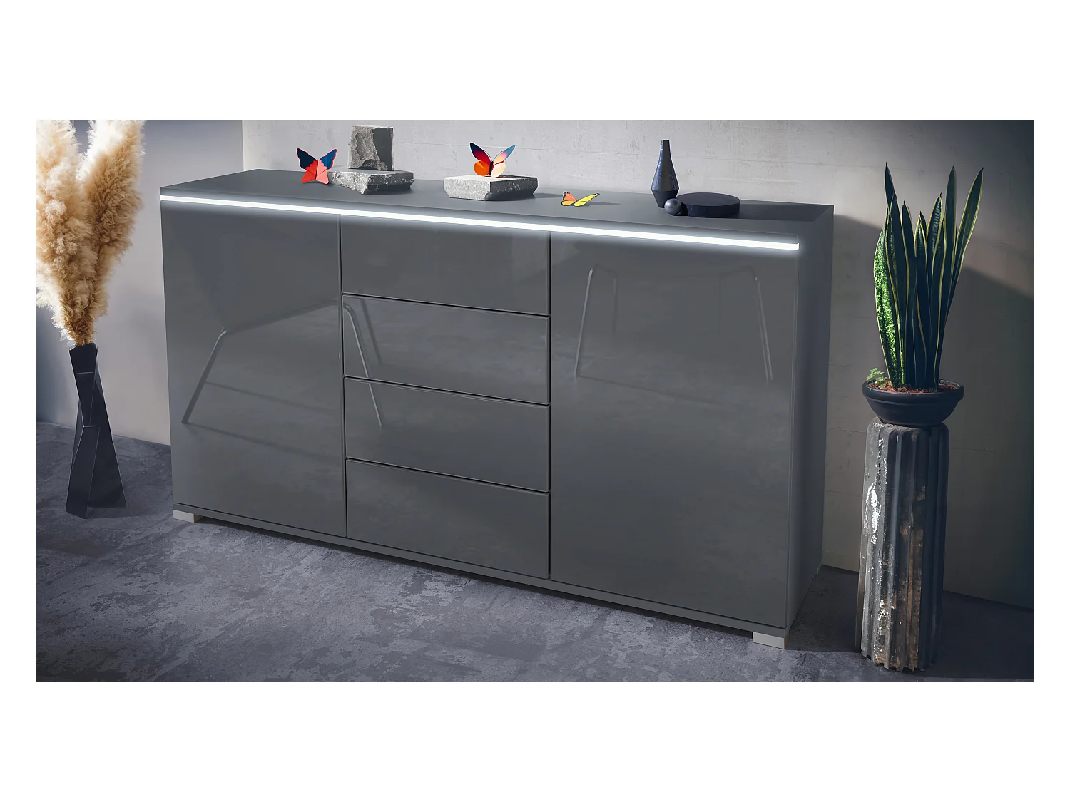 Buffet Faro V1 – Meuble avec 2 Portes & 4 Tiroirs, Armoire avec Bande LED Lumineuse, anthracite mat / gris haute brillance (138,5 x 75,5 x 35)