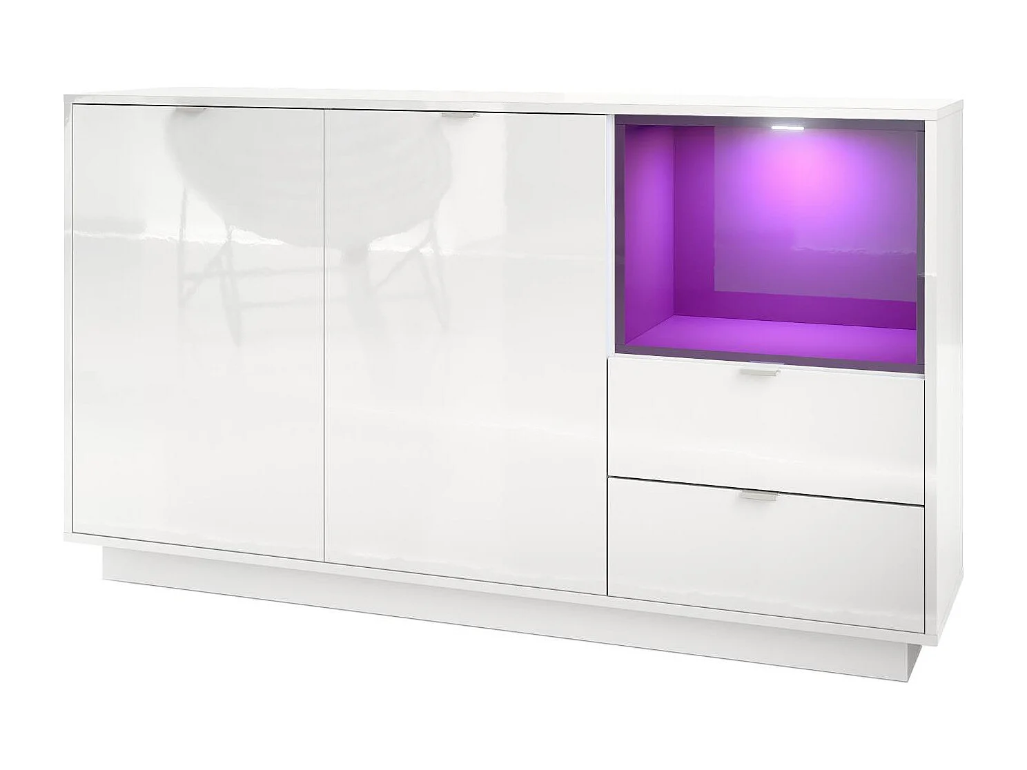 Buffet Armoire Metro, Corps en Blanc haute brillance / Façades en Blanc haute brillance avec une insertion en Mûre haute brillance, incl. L'éclairage LED
