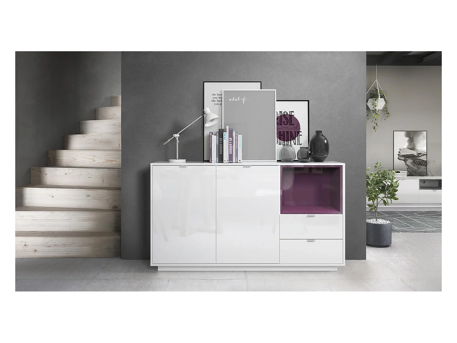 Buffet Armoire Metro, Corps en Blanc haute brillance / Façades en Blanc haute brillance avec une insertion en Mûre haute brillance, incl. L'éclairage LED