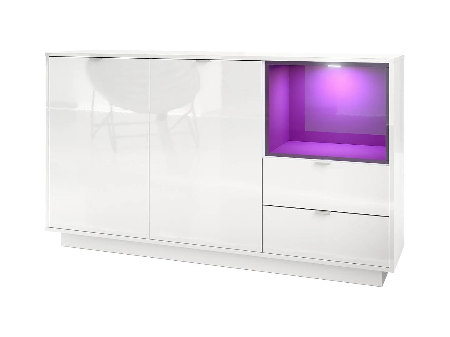 Buffet Armoire Metro, Corps en Blanc haute brillance / Façades en Blanc haute brillance avec une insertion en Mûre haute brillance, incl. L'éclairage LED