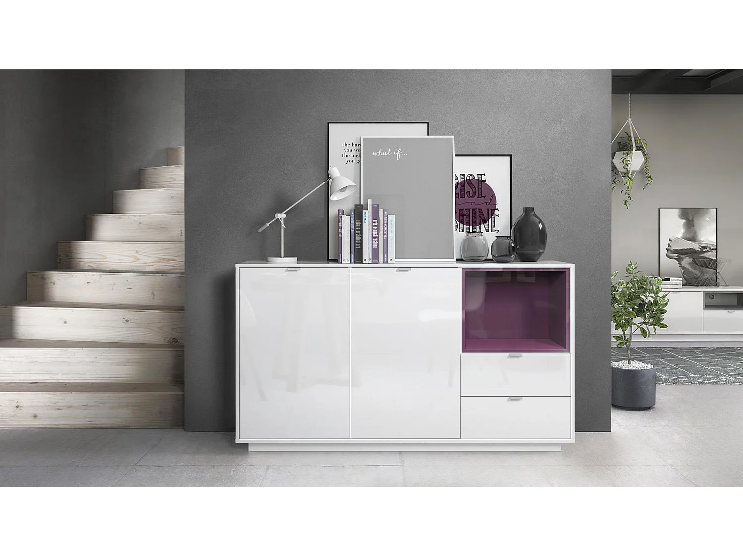 Credenza Metro, struttura in bianco lucido / frontale in bianco lucido con inserto in violetto-porpora, illuminazione a LED inclusa.