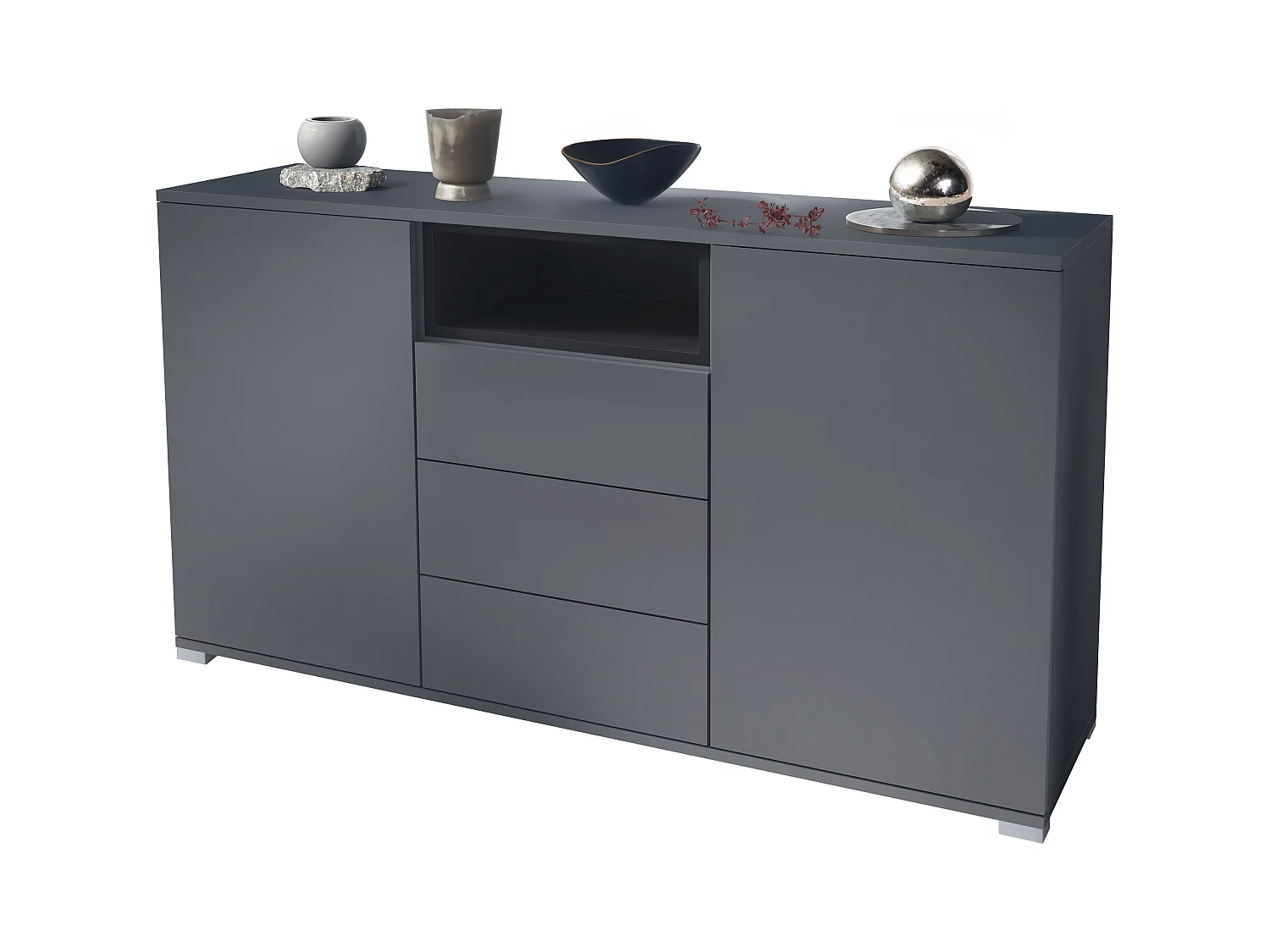 Skadu V2 Buffet, Commode avec 2 portes, 3 tiroirs et 1 compartiment ouvert, anthracite mat/noir mat (138,5 x 75,5 x 35 cm)