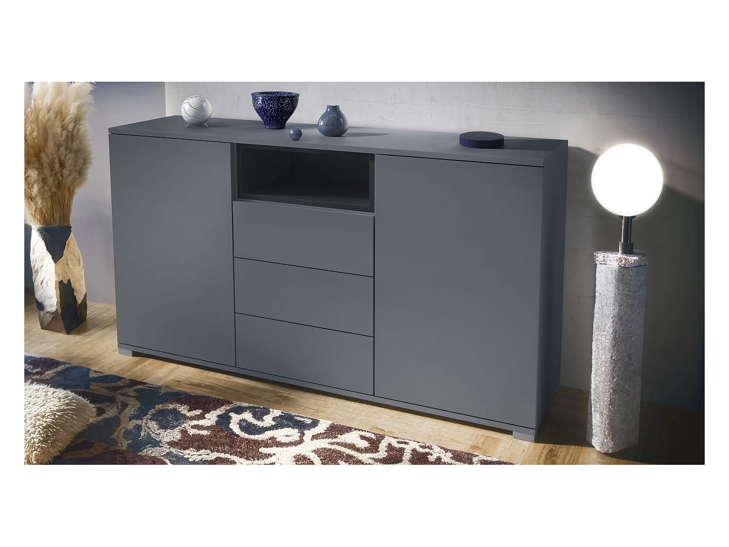 Skadu V2 Buffet, Commode avec 2 portes, 3 tiroirs et 1 compartiment ouvert, anthracite mat/noir mat (138,5 x 75,5 x 35 cm)