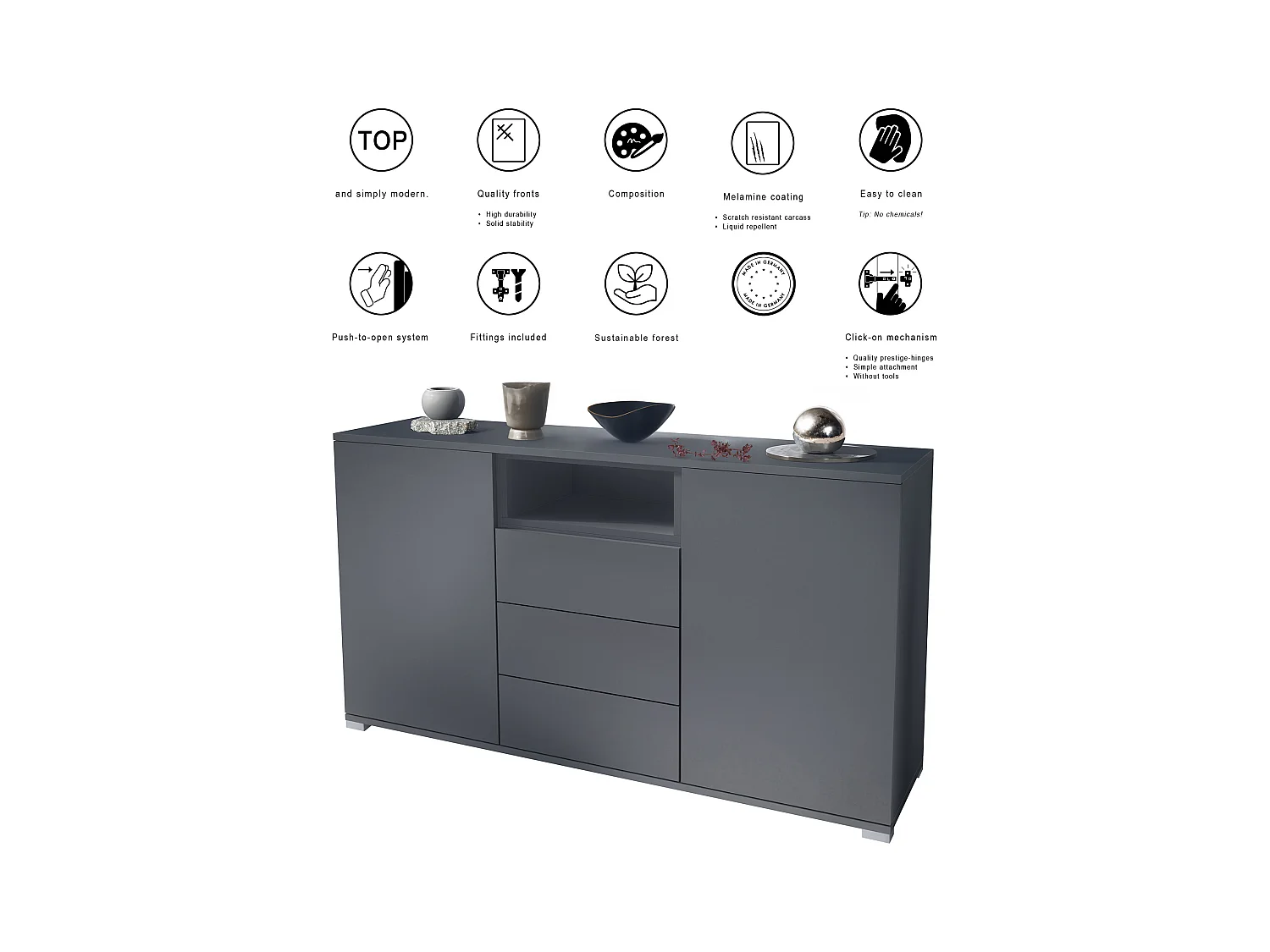 Skadu V2 Buffet, Commode avec 2 portes, 3 tiroirs et 1 compartiment ouvert, anthracite mat/noir mat (138,5 x 75,5 x 35 cm)