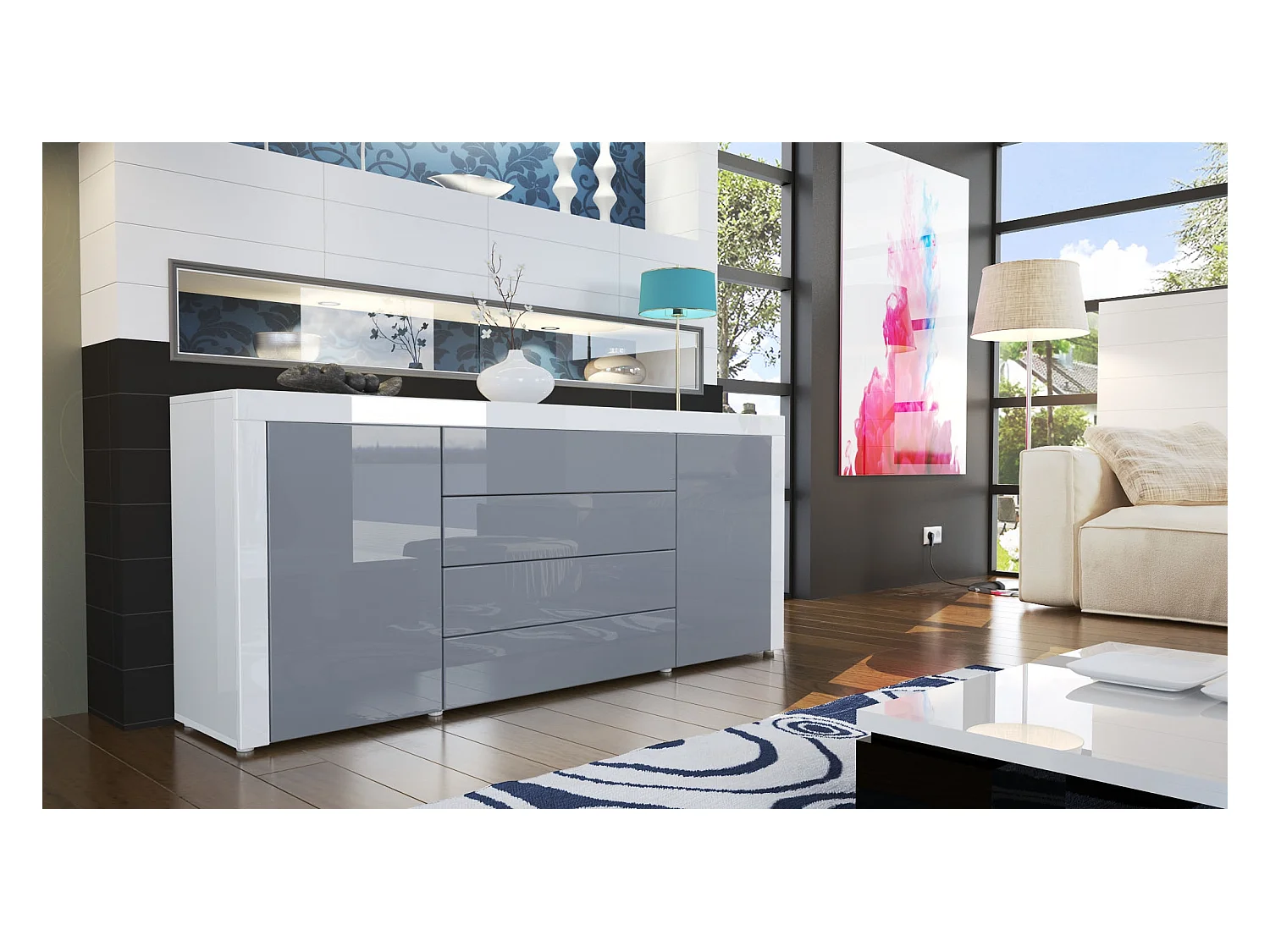 Buffet commode La Paz, Corps en Blanc haute brillance / Façades en gris haute brillance avec une bordure en blanc haute brillance