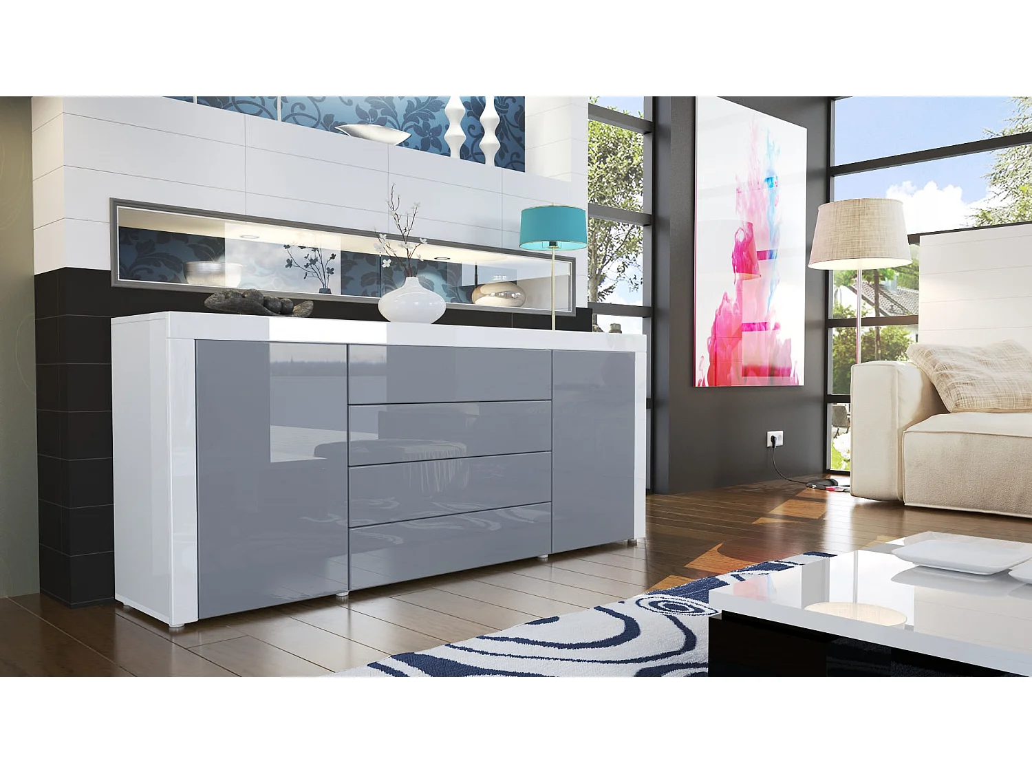 Cassettiera La Paz, struttura in bianco / frontale in grigio lucido con cornice in bianco lucido.