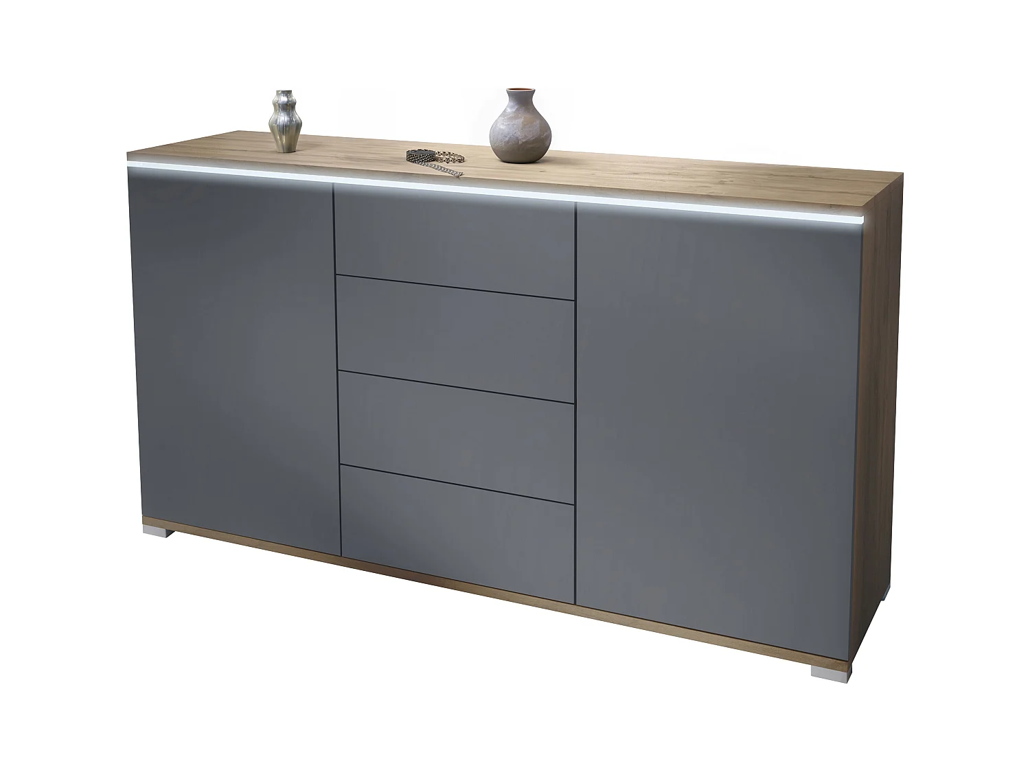 Buffet Faro V1 – Meuble avec 2 Portes & 4 Tiroirs, Armoire avec Bande LED Lumineuse, Chêne Evoke / anthracite mat (138,5 x 75,5 x 35)