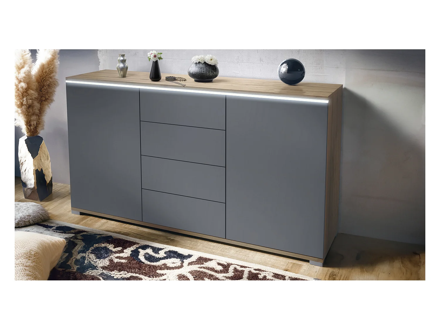 Buffet Faro V1 – Meuble avec 2 Portes & 4 Tiroirs, Armoire avec Bande LED Lumineuse, Chêne Evoke / anthracite mat (138,5 x 75,5 x 35)