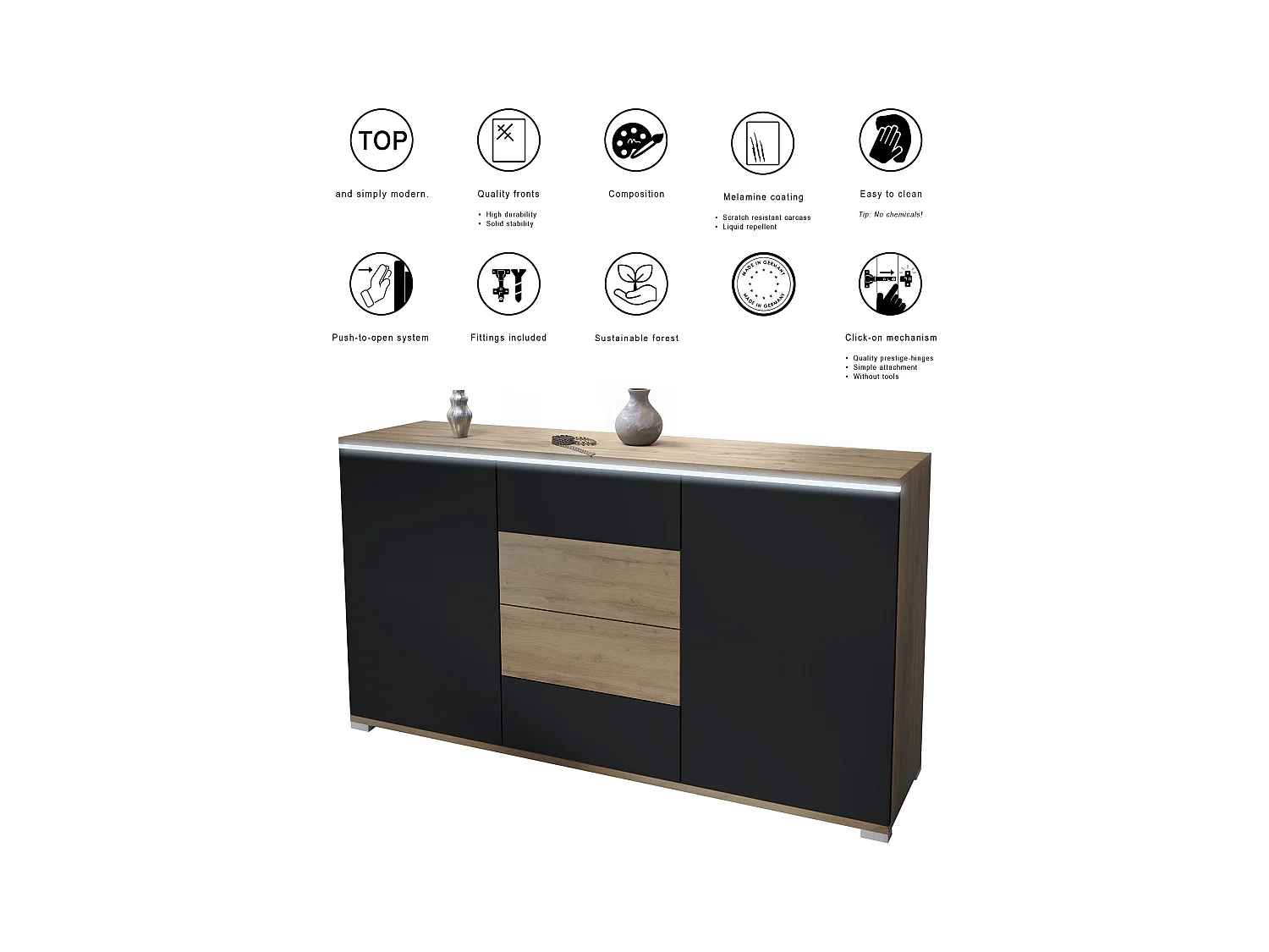Buffet Faro V1 – Meuble avec 2 Portes & 4 Tiroirs, Armoire avec Bande LED Lumineuse, Chêne Evoke / anthracite mat (138,5 x 75,5 x 35)