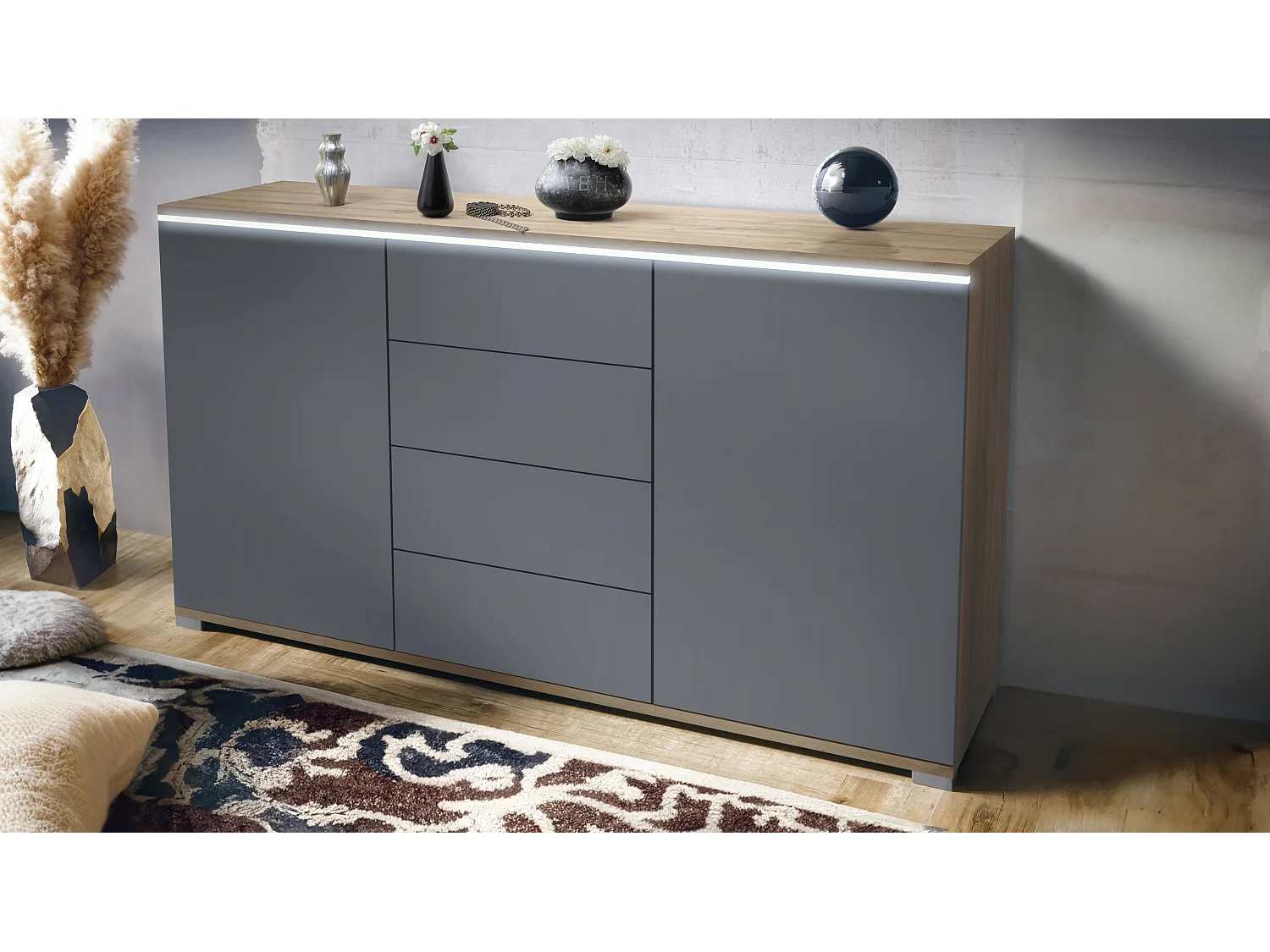 Buffet Faro V1 – Meuble avec 2 Portes & 4 Tiroirs, Armoire avec Bande LED Lumineuse, Chêne Evoke / anthracite mat (138,5 x 75,5 x 35)