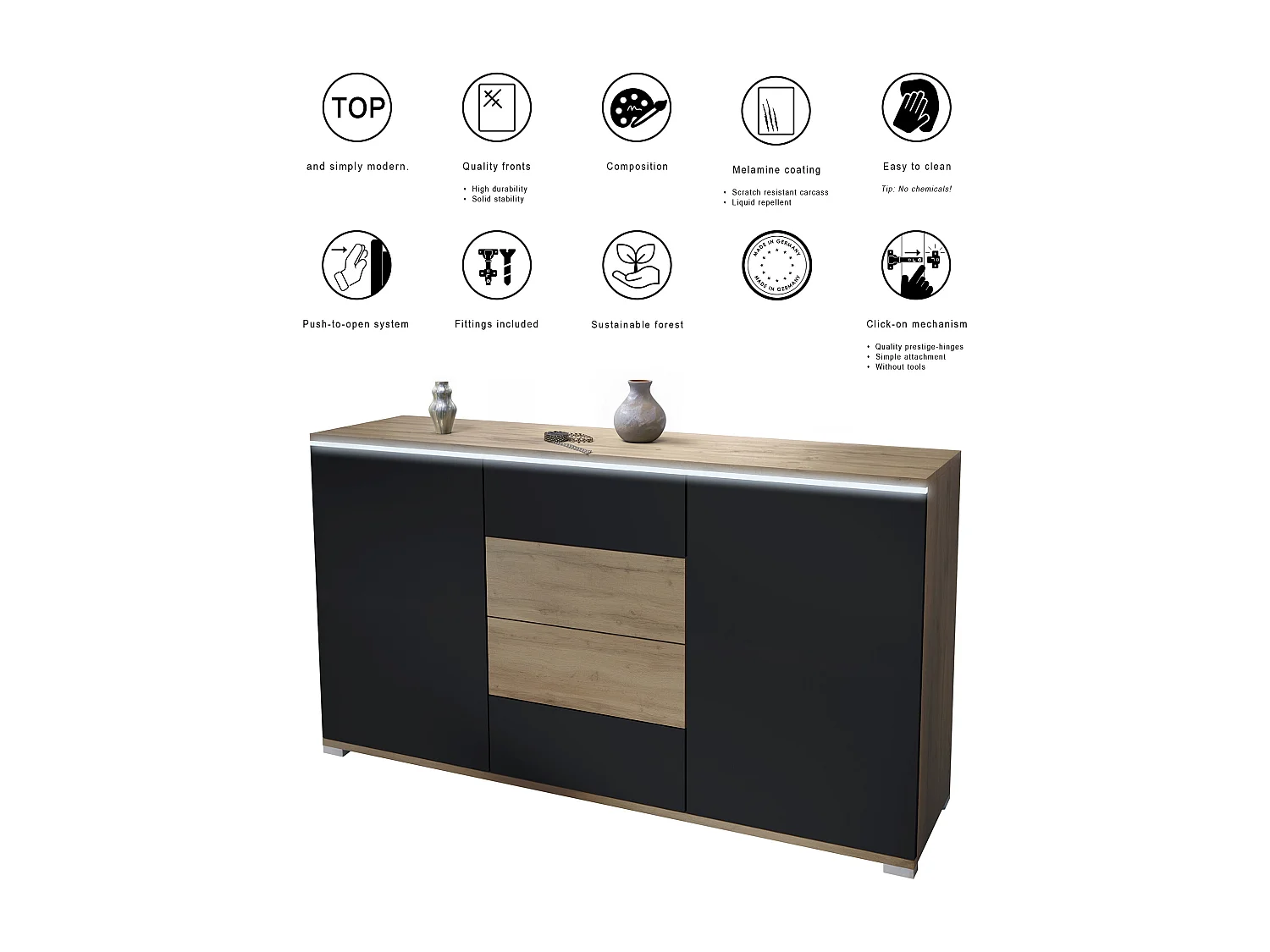 Buffet Faro V1 – Meuble avec 2 Portes & 4 Tiroirs, Armoire avec Bande LED Lumineuse, Chêne Evoke / anthracite mat (138,5 x 75,5 x 35)