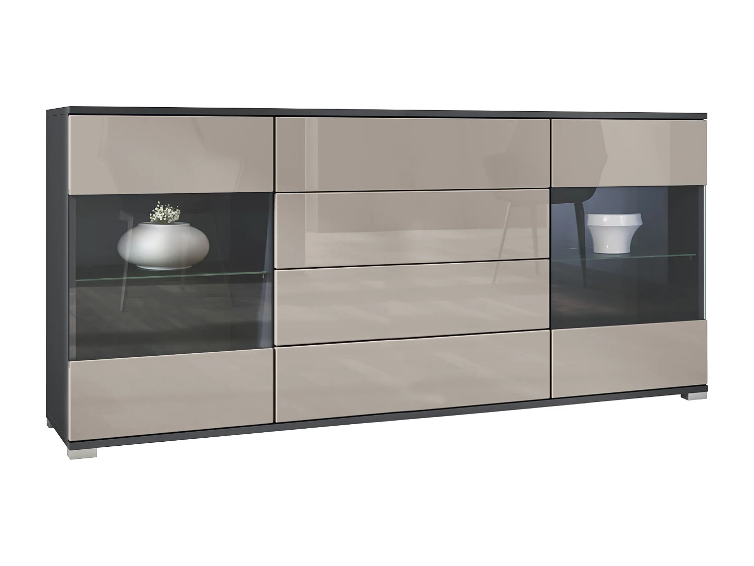 Buffet Bari V2 – Meuble avec 2 Grandes Portes et 4 Tiroirs, anthracite mat/gris sable haute brillance (166,5 x 75,5 x 35)