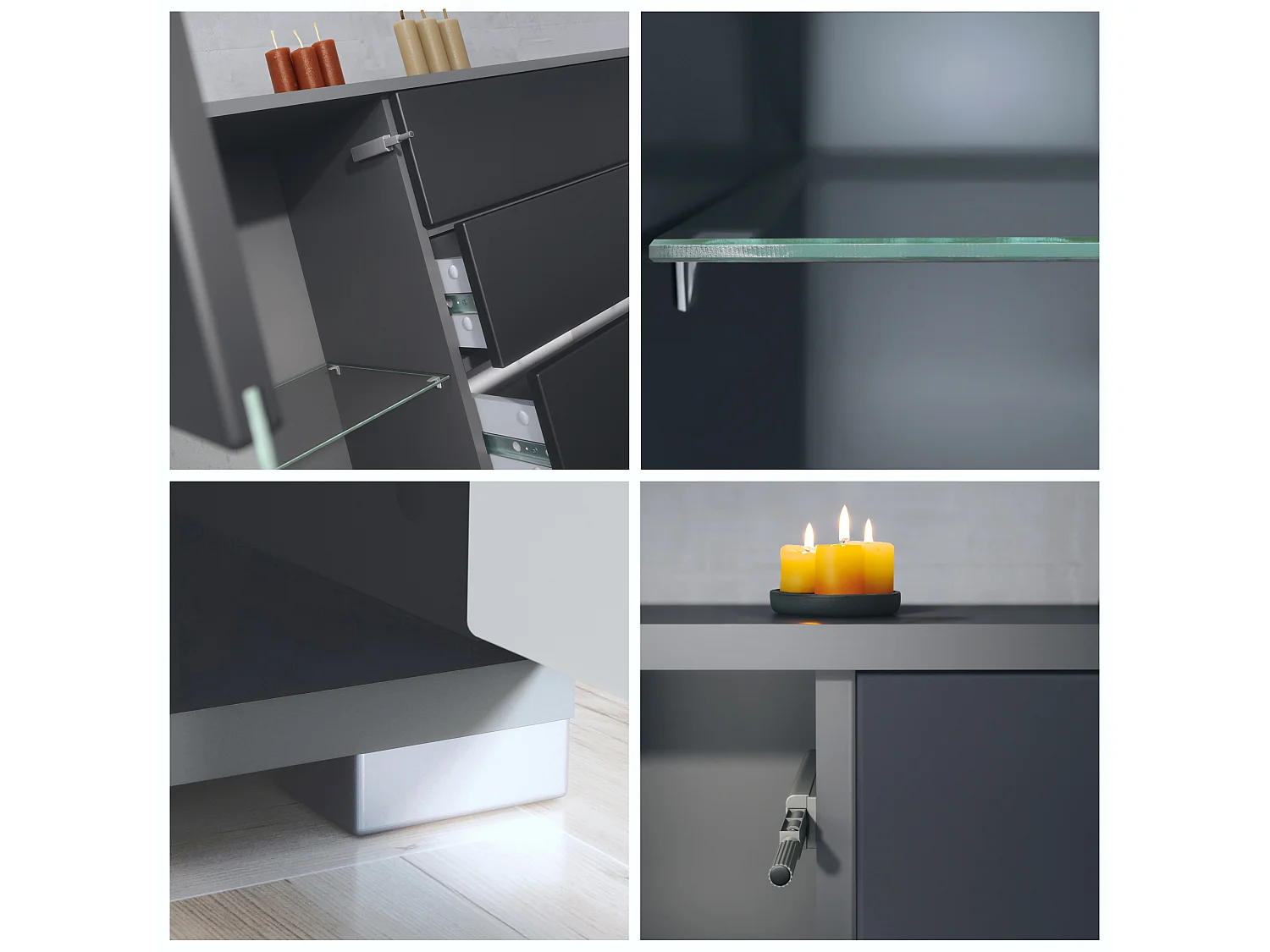 Buffet Bari V2 – Meuble avec 2 Grandes Portes et 4 Tiroirs, anthracite mat/gris sable haute brillance (166,5 x 75,5 x 35)